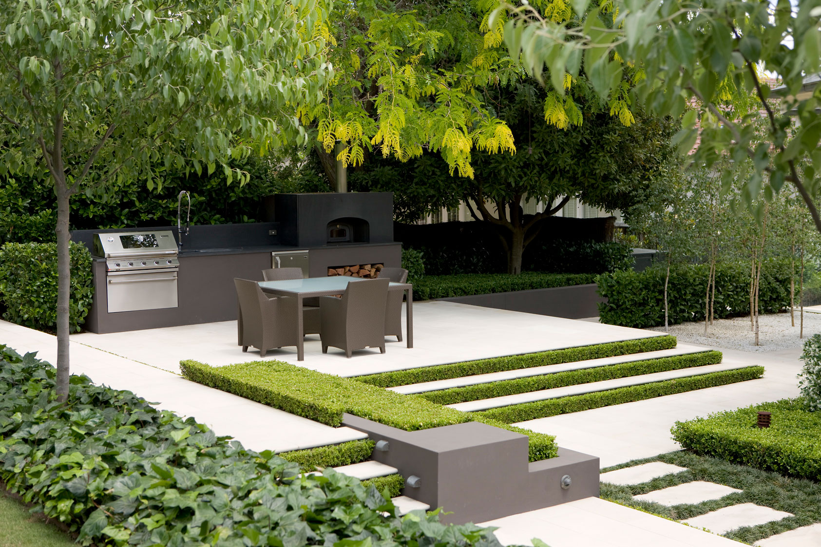 Outdoor kitchen on raised area